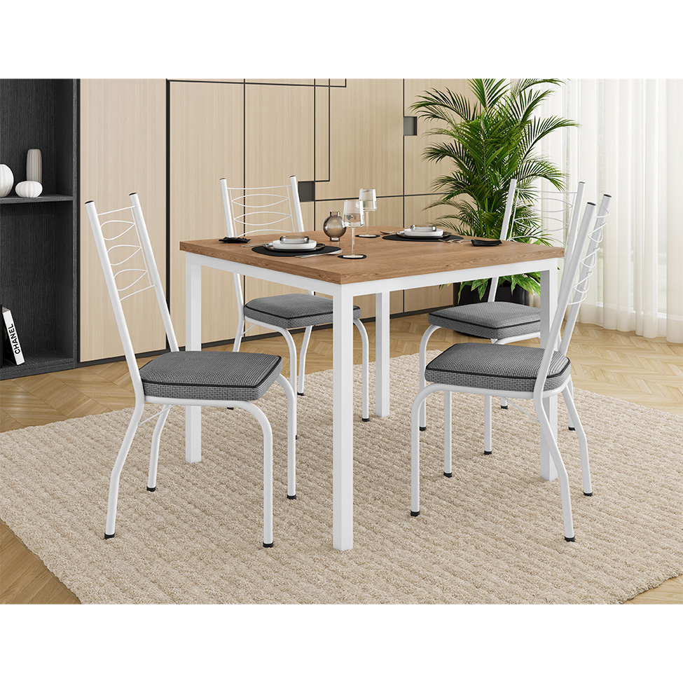 Conjunto de Mesa Quadrada com Tampo MDP e 4 Cadeiras Adriana Revestimento Sintético Platina e Branco