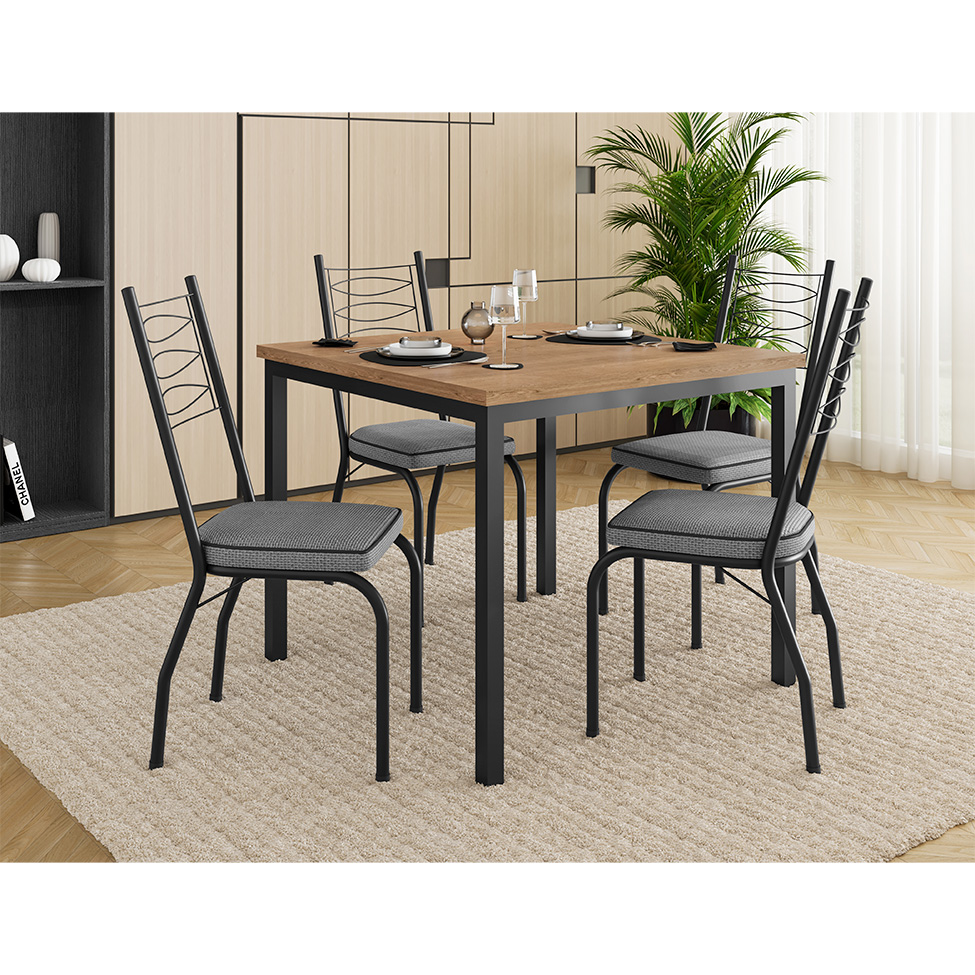 Conjunto de Mesa Quadrada com Tampo MDP e 4 Cadeiras Adriana Revestimento Sintético Platina e Preto