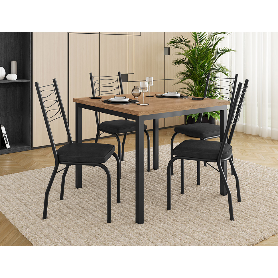 Conjunto de Mesa Quadrada com Tampo MDP e 4 Cadeiras Adriana Revestimento Sintético Preto