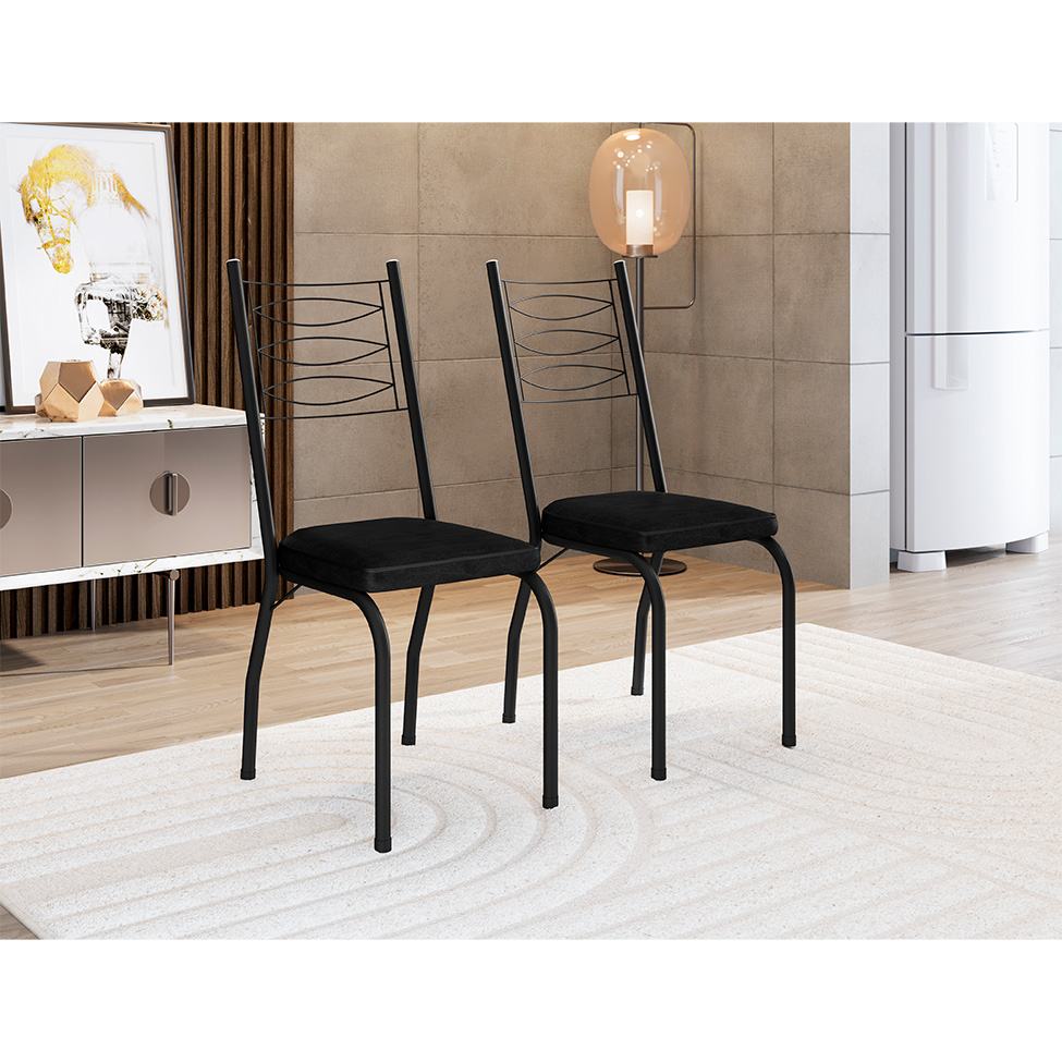 Conjunto de Mesa Quadrada com Tampo MDP e 4 Cadeiras Adriana Revestimento Sintético Preto