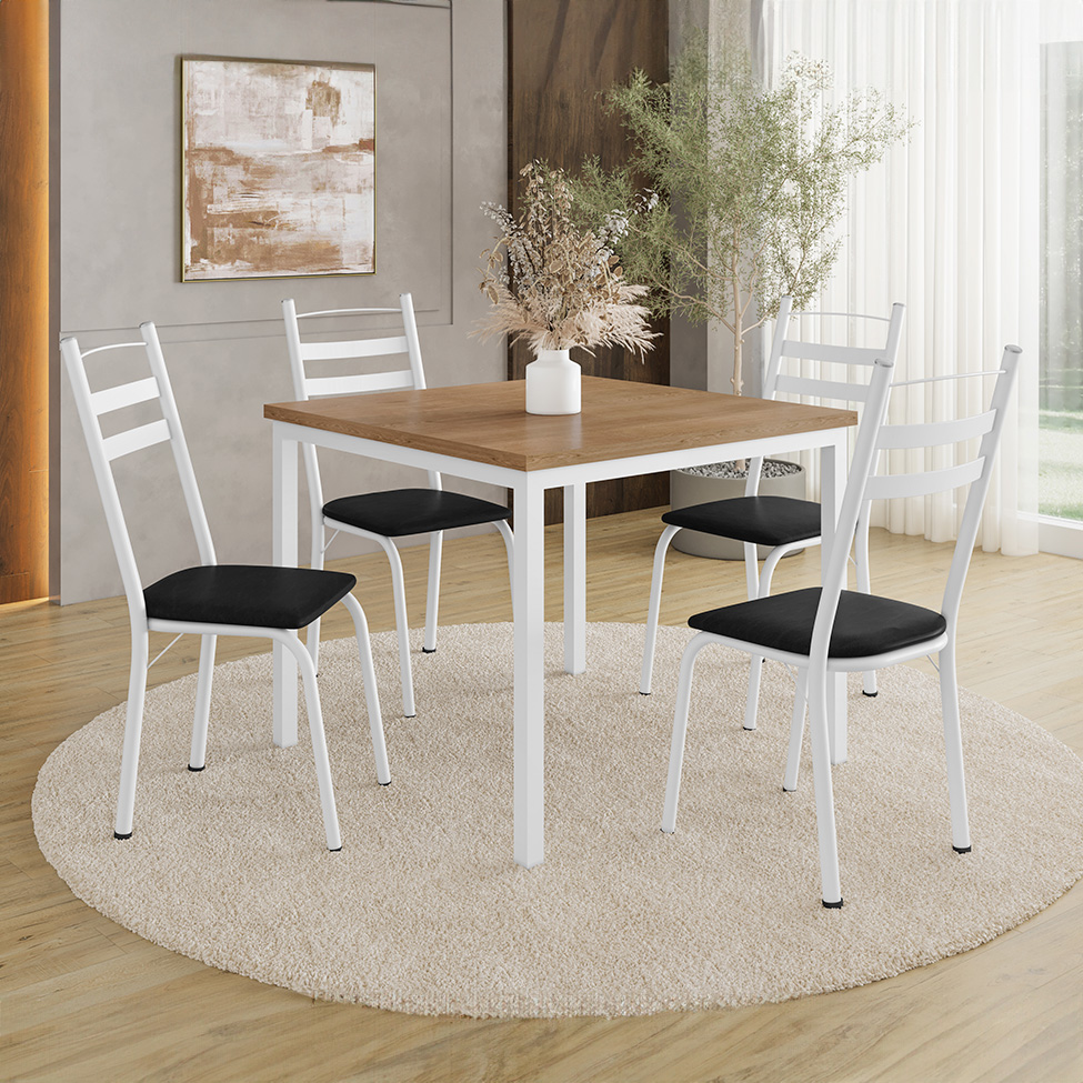 Conjunto de Mesa Quadrada com Tampo MDP e 4 Cadeiras Adriana Revestimento Sintético Preto e Branco II