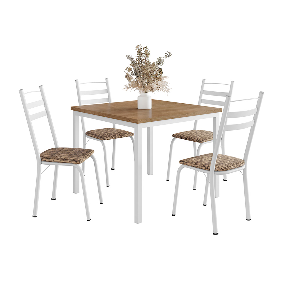 Conjunto de Mesa Quadrada com Tampo MDP e 4 Cadeiras Adriana Revestimento Sintético Rattan e Branco