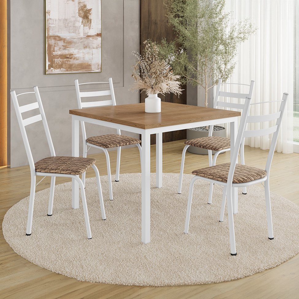 Conjunto de Mesa Quadrada com Tampo MDP e 4 Cadeiras Adriana Revestimento Sintético Rattan e Branco