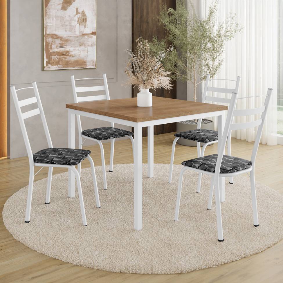 Conjunto de Mesa Quadrada com Tampo MDP e 4 Cadeiras Adriana Revestimento Sintético Silver e Branco