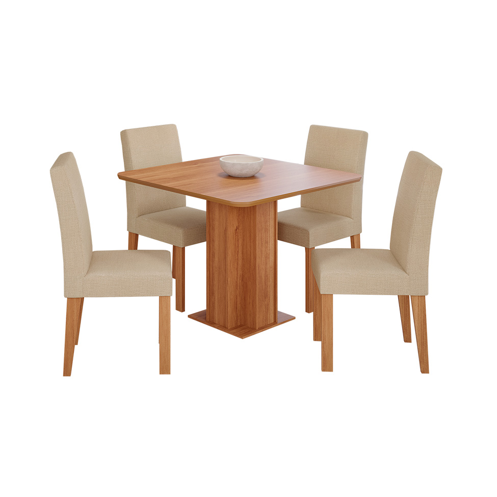 Conjunto de Mesa Quadrada com Tampo de MDF Cinamomo Sophia e 4 Cadeiras Maia Suede Gengibre