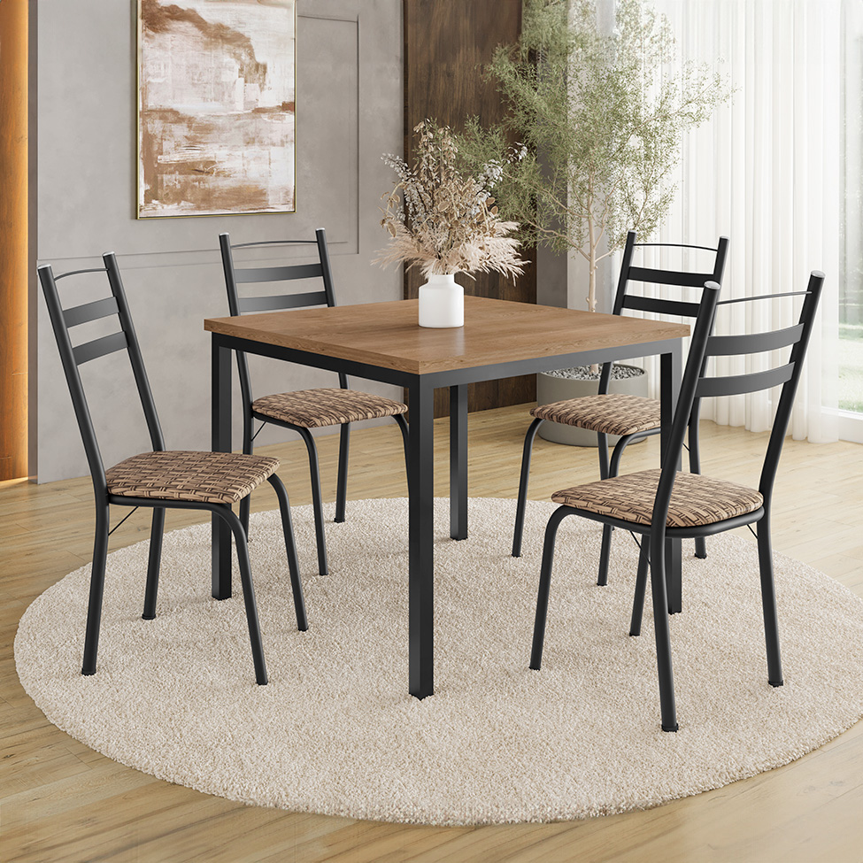 Conjunto de Mesa Quadrada com Tampo de MDP Amadeirado e 4 Cadeiras Adriana Revestimento Sintético Bege e Preto