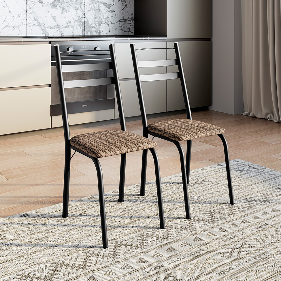 Conjunto de Mesa Quadrada com Tampo de MDP Amadeirado e 4 Cadeiras Adriana Revestimento Sintético Bege e Preto