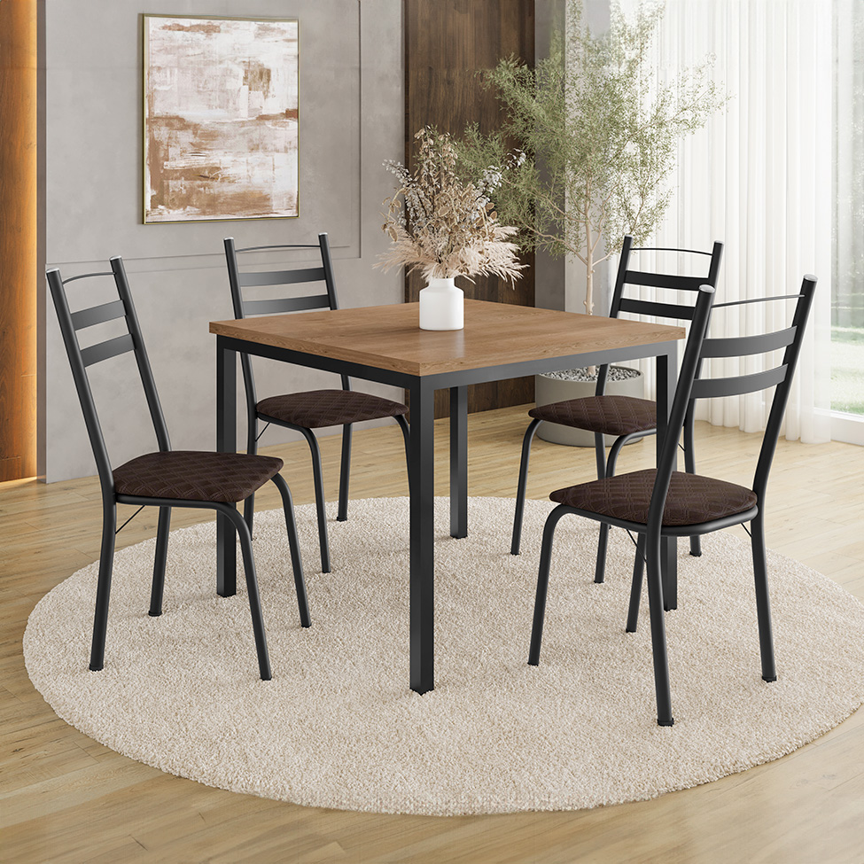 Conjunto de Mesa Quadrada com Tampo de MDP Amadeirado e 4 Cadeiras Adriana Revestimento Sintético Cacau e Preto