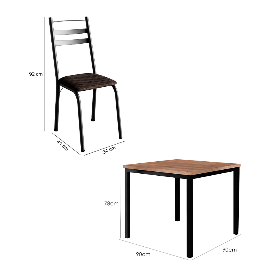 Conjunto de Mesa Quadrada com Tampo de MDP Amadeirado e 4 Cadeiras Adriana Revestimento Sintético Cacau e Preto