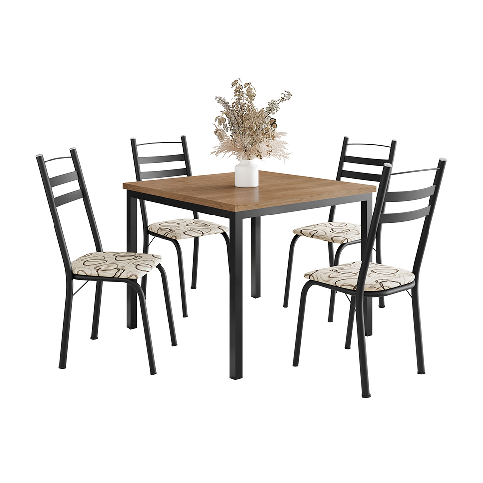 Conjunto de Mesa Quadrada com Tampo de MDP Amadeirado e 4 Cadeiras Adriana Revestimento Sintético Cedro e Preto