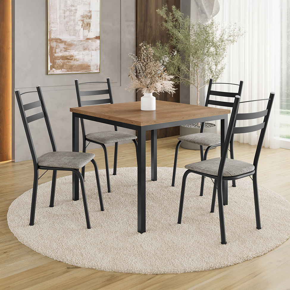 Conjunto de Mesa Quadrada com Tampo de MDP Amadeirado e 4 Cadeiras Adriana Revestimento Sintético Cinza Claro e Preto