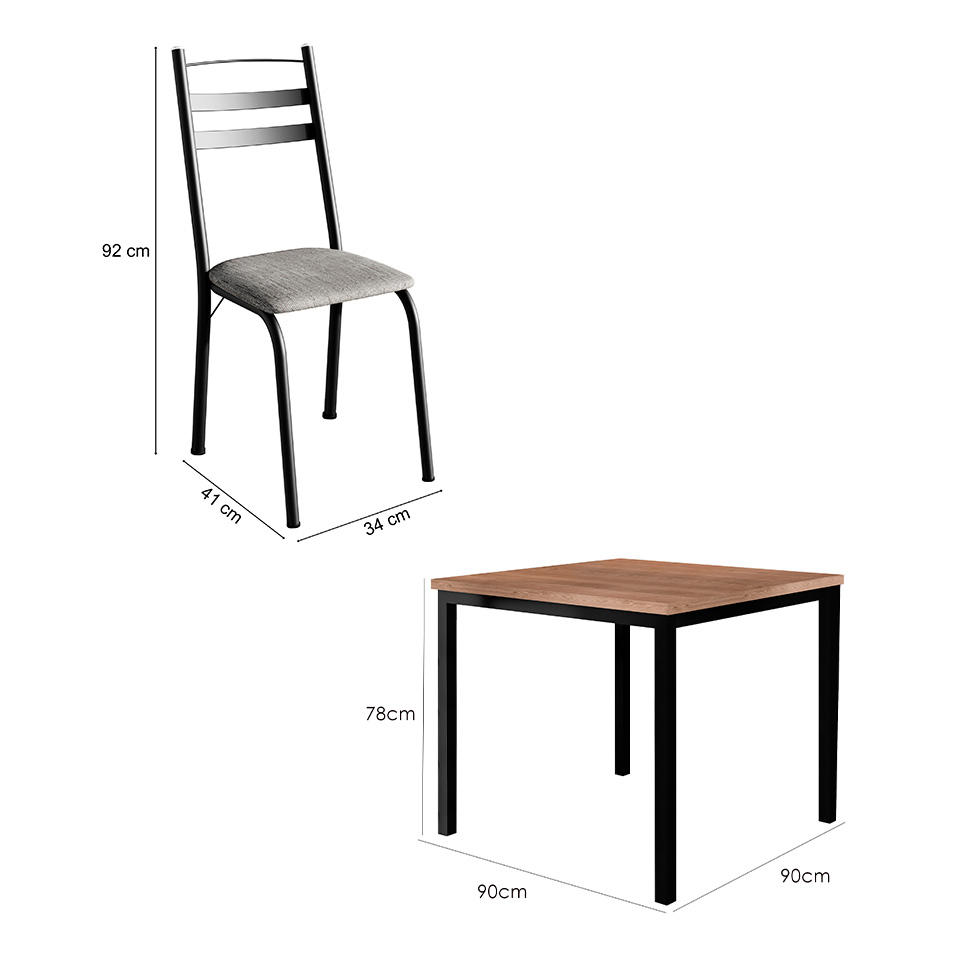 Conjunto de Mesa Quadrada com Tampo de MDP Amadeirado e 4 Cadeiras Adriana Revestimento Sintético Cinza Claro e Preto