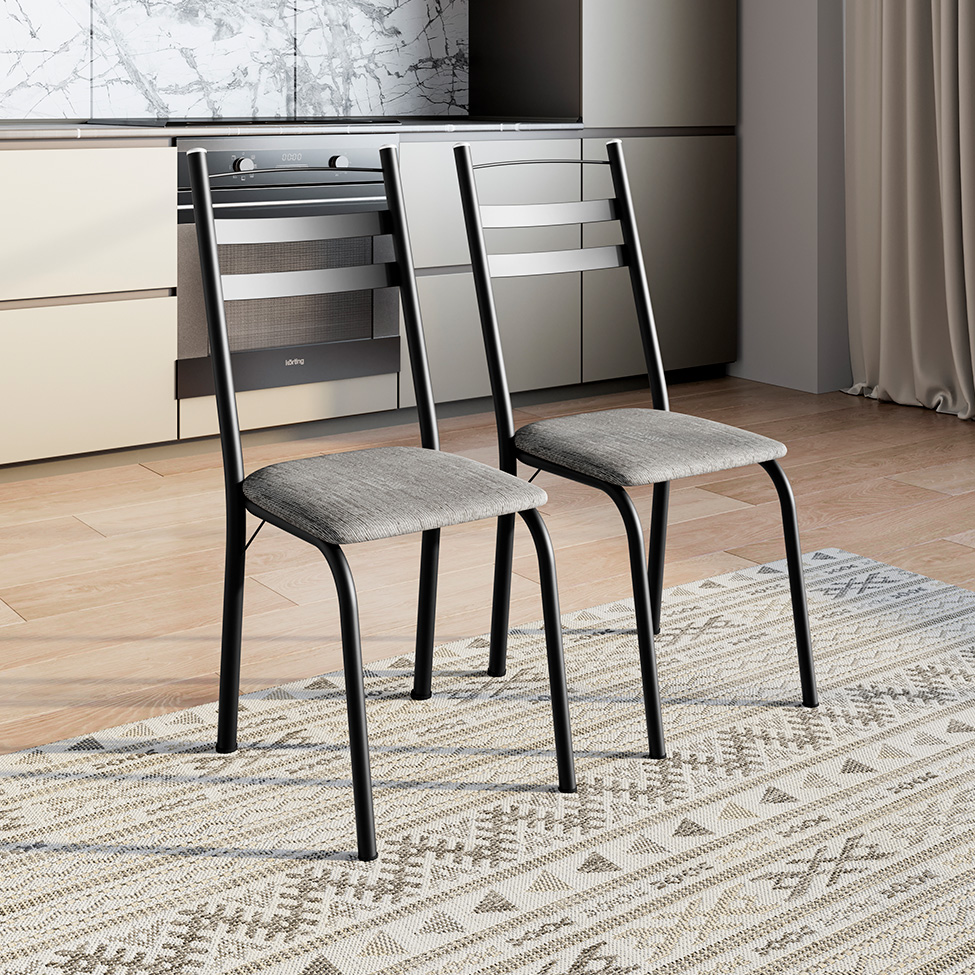 Conjunto de Mesa Quadrada com Tampo de MDP Amadeirado e 4 Cadeiras Adriana Revestimento Sintético Cinza Claro e Preto