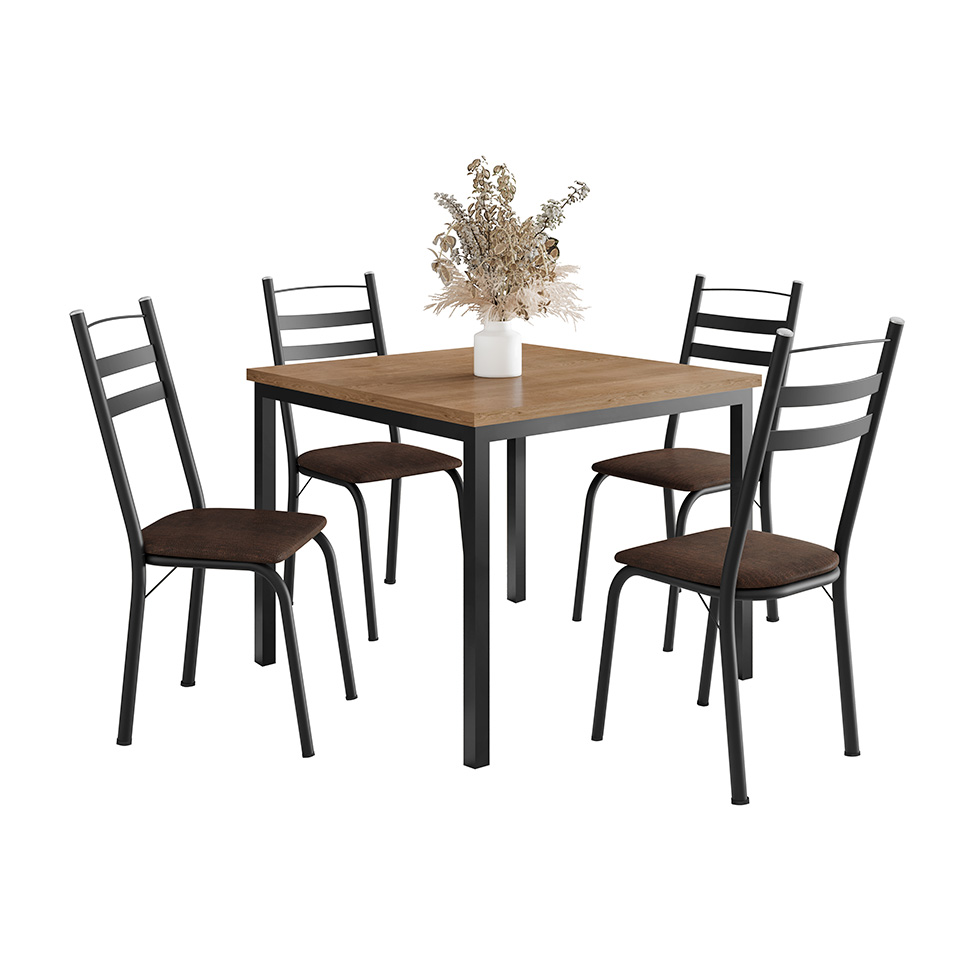 Conjunto de Mesa Quadrada com Tampo de MDP Amadeirado e 4 Cadeiras Adriana Revestimento Sintético Imbuia e Preto