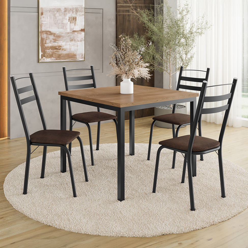 Conjunto de Mesa Quadrada com Tampo de MDP Amadeirado e 4 Cadeiras Adriana Revestimento Sintético Imbuia e Preto