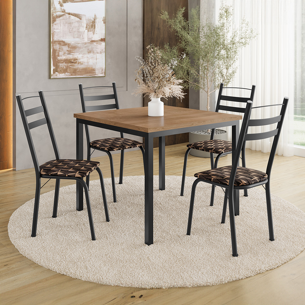 Conjunto de Mesa Quadrada com Tampo de MDP Amadeirado e 4 Cadeiras Adriana Revestimento Sintético Palha e Preto