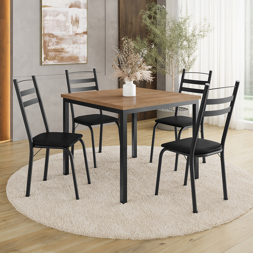 Conjunto de Mesa Quadrada com Tampo de MDP Amadeirado e 4 Cadeiras Adriana Revestimento Sintético Preto