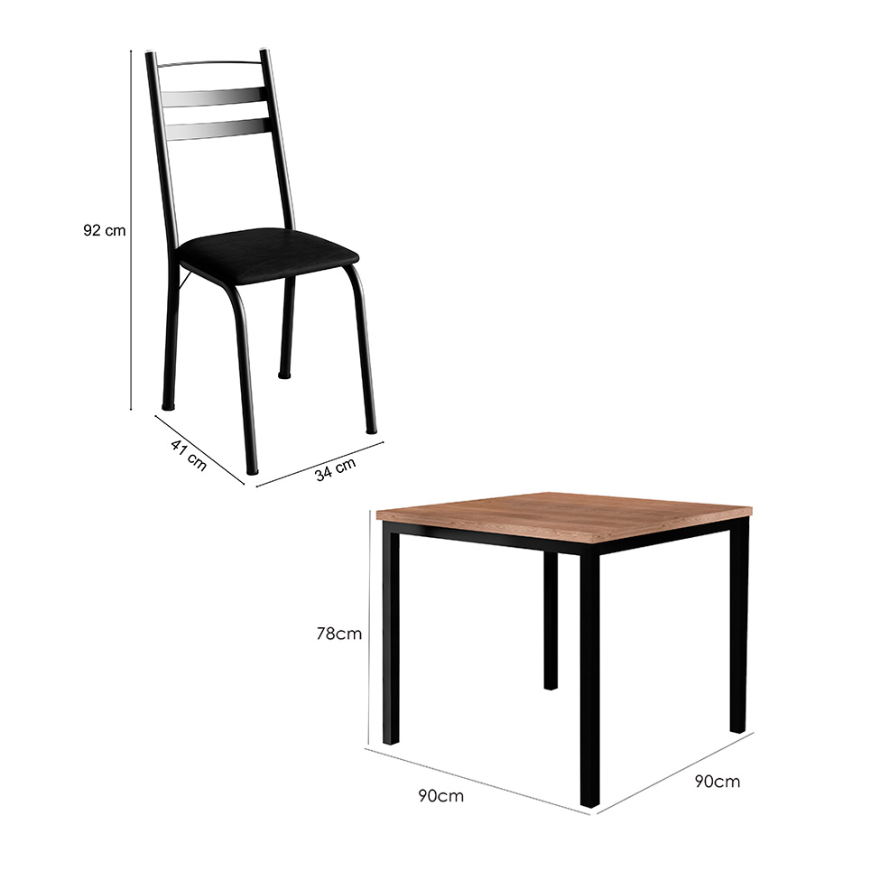Conjunto de Mesa Quadrada com Tampo de MDP Amadeirado e 4 Cadeiras Adriana Revestimento Sintético Preto