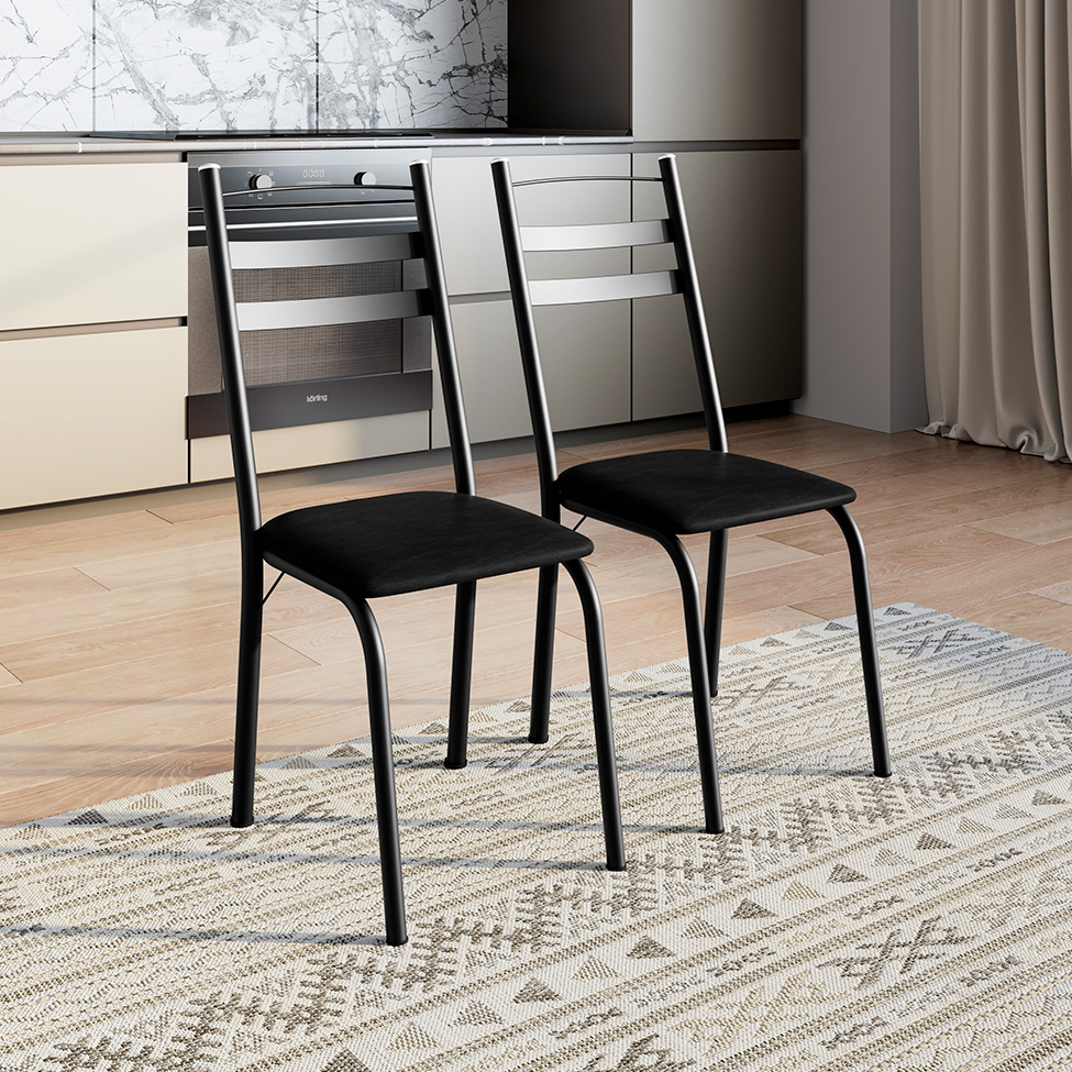 Conjunto de Mesa Quadrada com Tampo de MDP Amadeirado e 4 Cadeiras Adriana Revestimento Sintético Preto