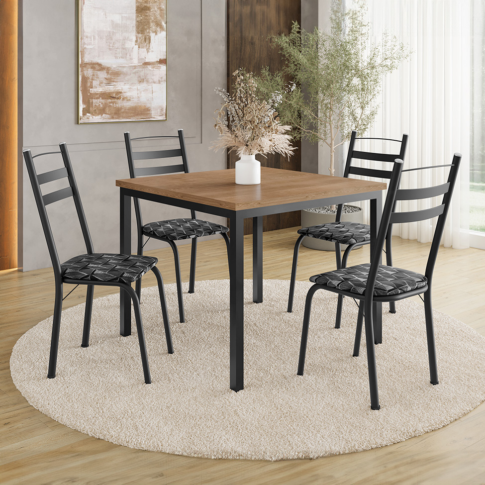 Conjunto de Mesa Quadrada com Tampo de MDP Amadeirado e 4 Cadeiras Adriana Revestimento Sintético Silver e Preto