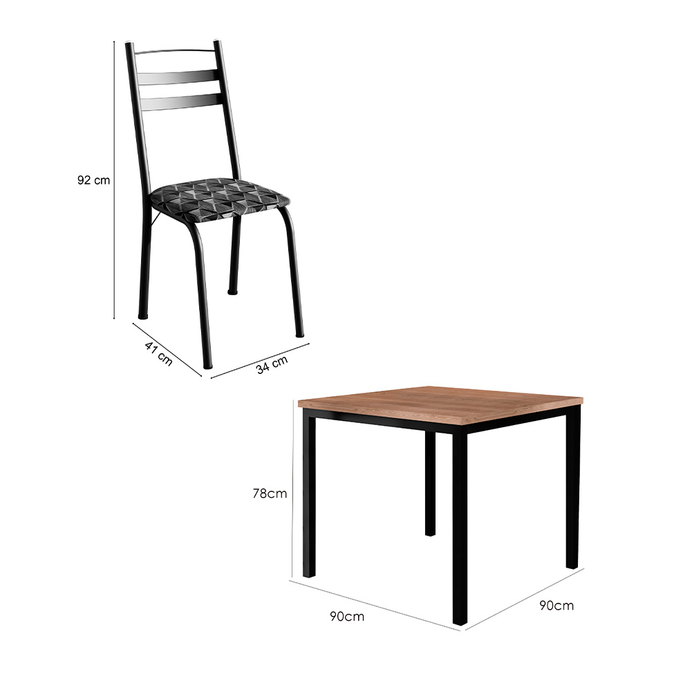 Conjunto de Mesa Quadrada com Tampo de MDP Amadeirado e 4 Cadeiras Adriana Revestimento Sintético Silver e Preto