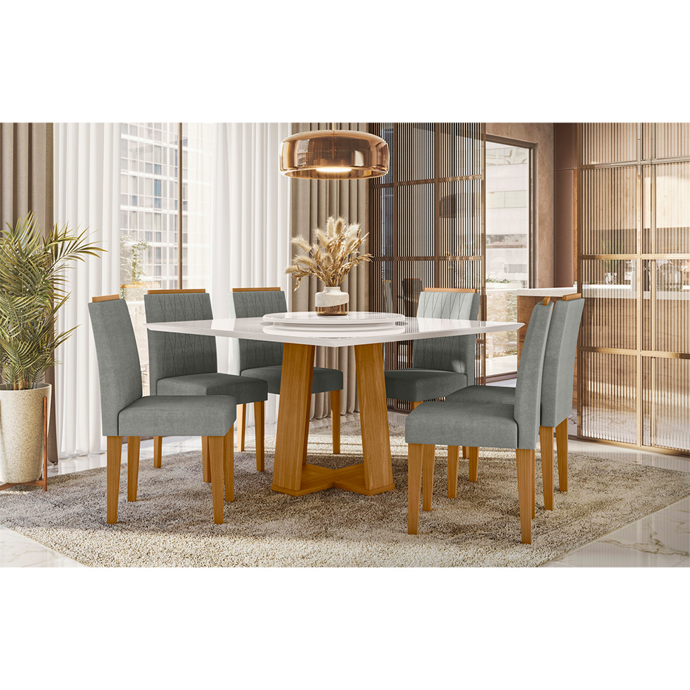 Conjunto de Mesa Quadrada com Tampo de Vidro Giratório Off White e 6 Cadeiras Ana Poliéster Cinza e Ypê