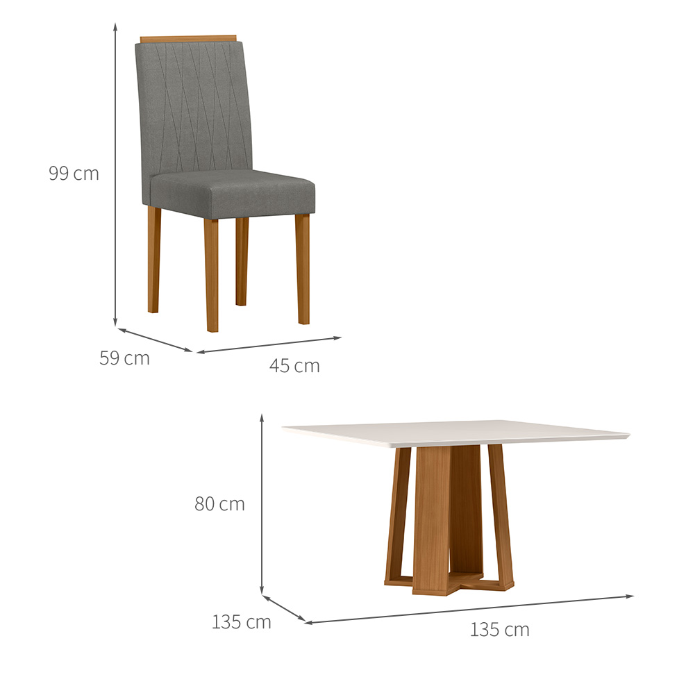 Conjunto de Mesa Quadrada com Tampo de Vidro Giratório Off White e 6 Cadeiras Ana Poliéster Cinza e Ypê