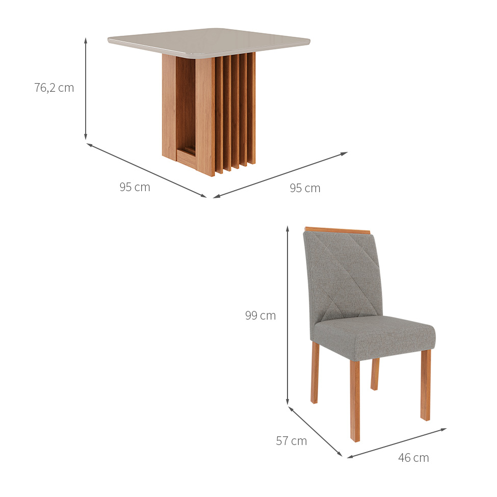 Conjunto de Mesa Quadrada com Tampo de Vidro Off White Ariela e 4 Cadeiras Fernanda Linho Grafite e Cinamomo