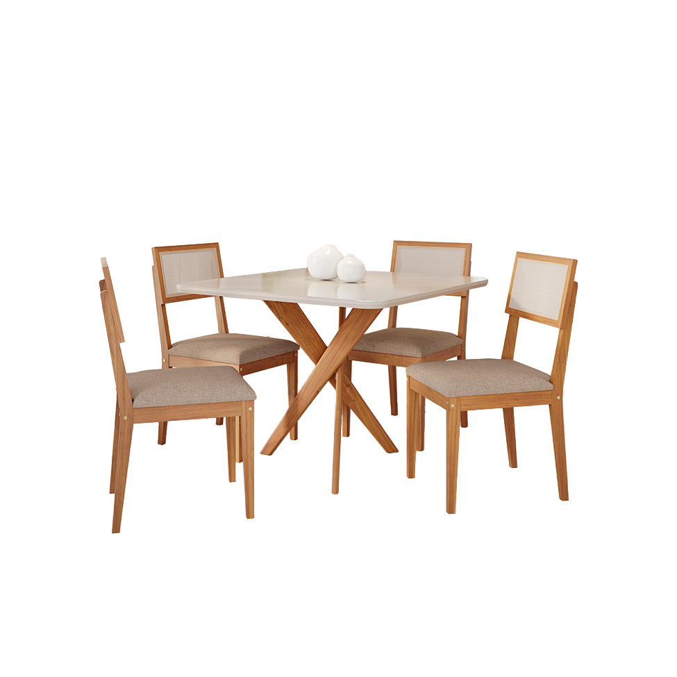 Conjunto de Mesa Quadrada com Tampo de Vidro Off White Cacau e 4 Cadeiras Encanto Revestimento Sintético Marrom e Cinamomo