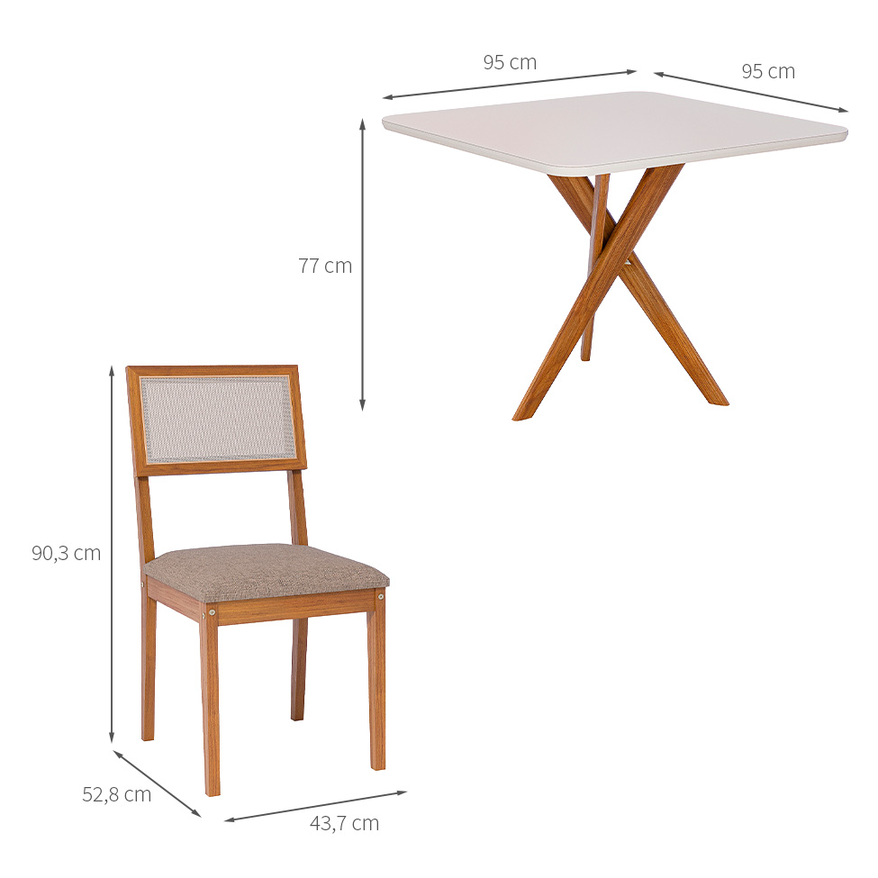 Conjunto de Mesa Quadrada com Tampo de Vidro Off White Cacau e 4 Cadeiras Encanto Revestimento Sintético Marrom e Cinamomo