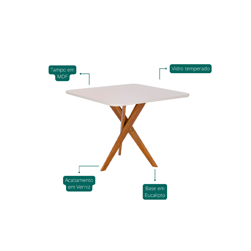 Conjunto de Mesa Quadrada com Tampo de Vidro Off White Cacau e 4 Cadeiras Encanto Revestimento Sintético Marrom e Cinamomo