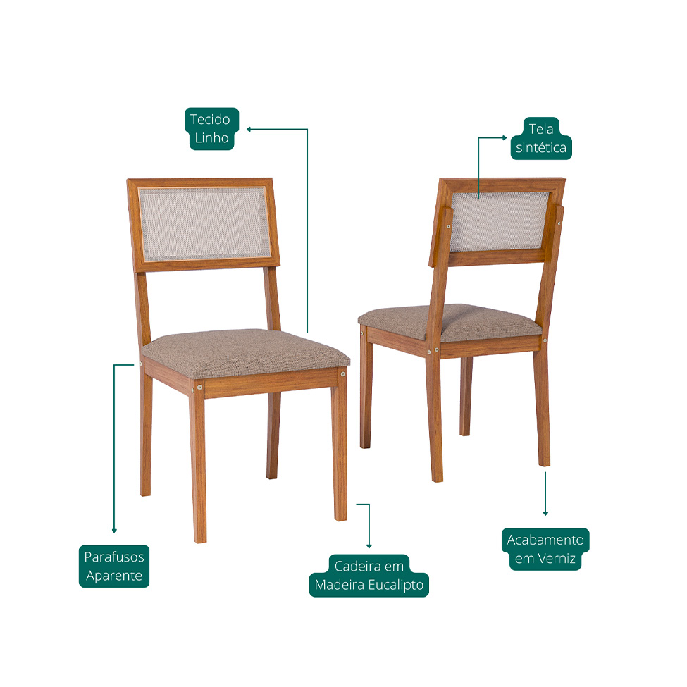 Conjunto de Mesa Quadrada com Tampo de Vidro Off White Cacau e 4 Cadeiras Encanto Revestimento Sintético Marrom e Cinamomo