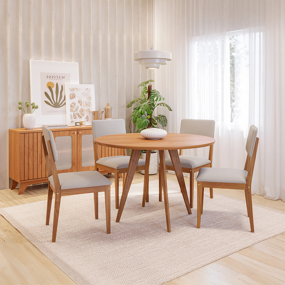 Conjunto de Mesa Redonda com Tampo MDF Acerola e 4 Cadeiras Sabiá Linho Bege e Cinamomo