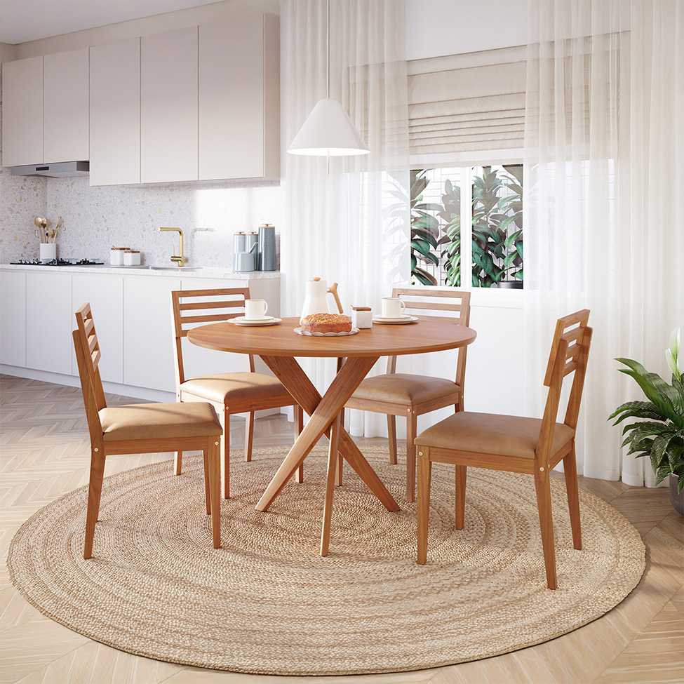 Conjunto de Mesa Redonda com Tampo MDF Cacau e 4 Cadeiras Juparanã Revestimento Sintético Marrom e Cinamomo