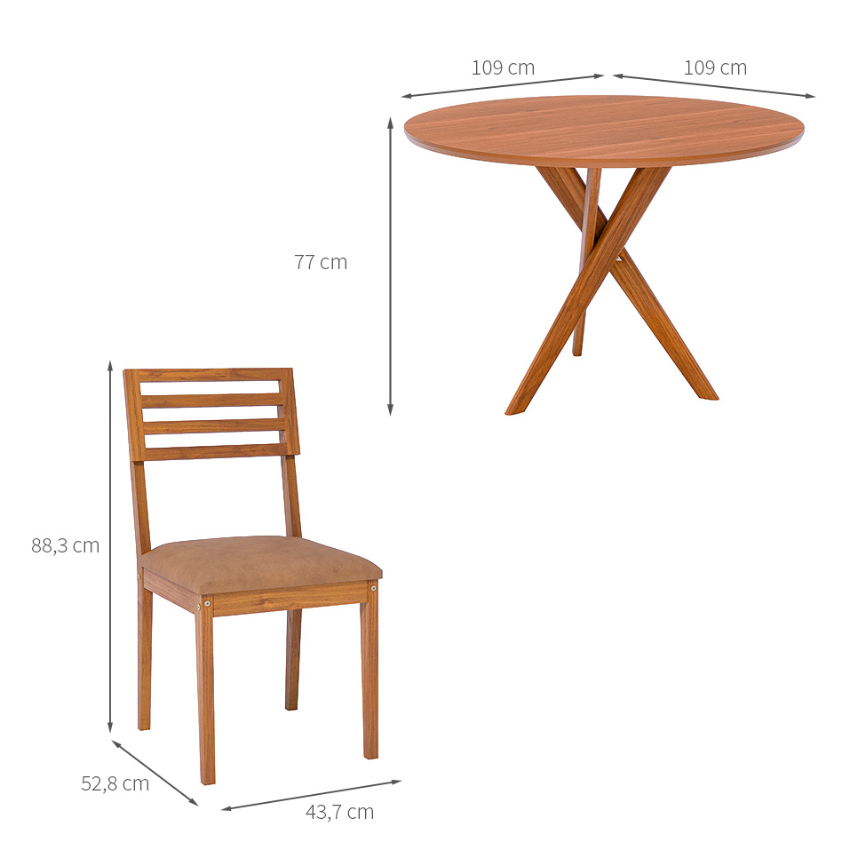 Conjunto de Mesa Redonda com Tampo MDF Cacau e 4 Cadeiras Juparanã Revestimento Sintético Marrom e Cinamomo