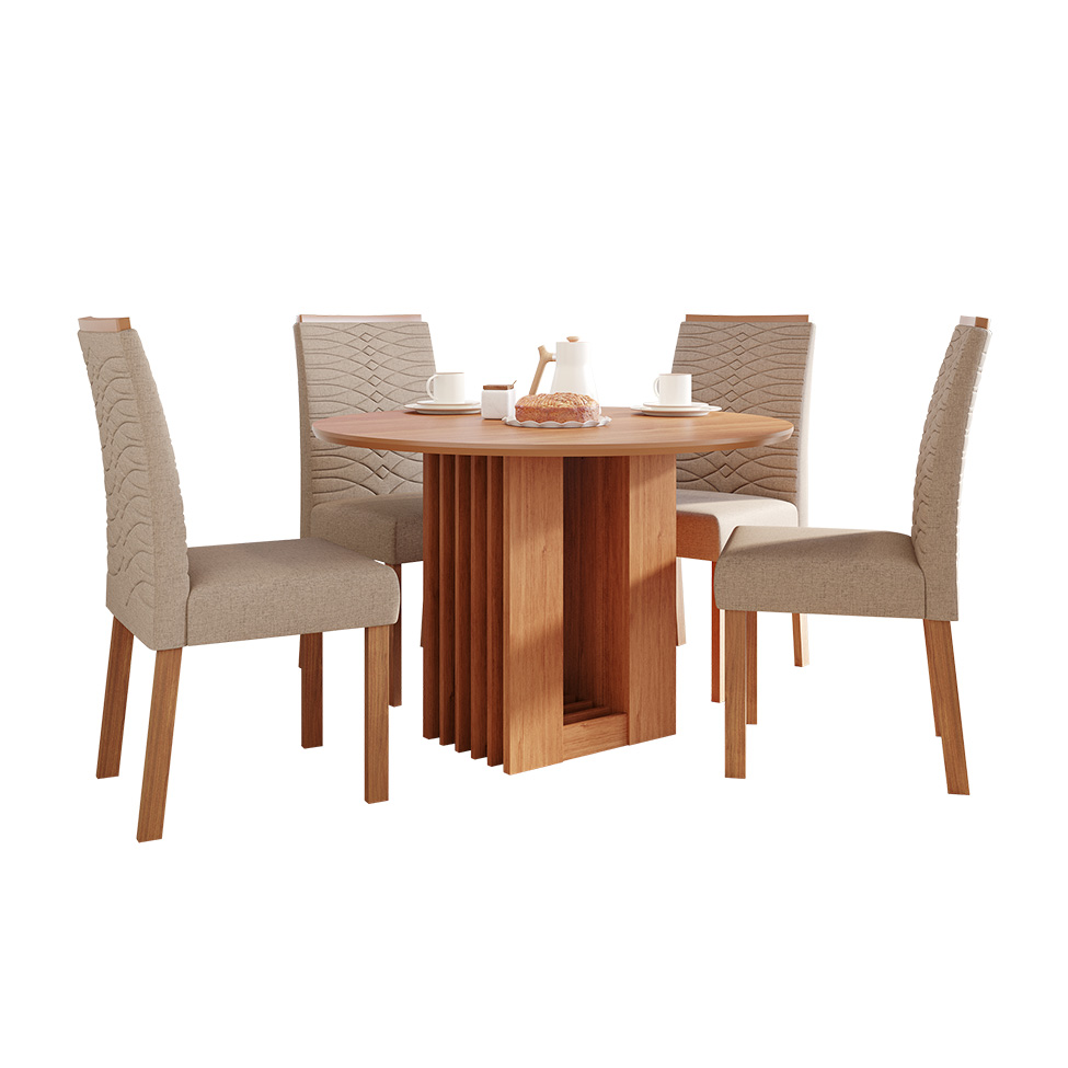 Conjunto de Mesa Redonda com Tampo de MDF Cinamomo Ariela e 4 Cadeiras Clarice Linho Bege e Madeira