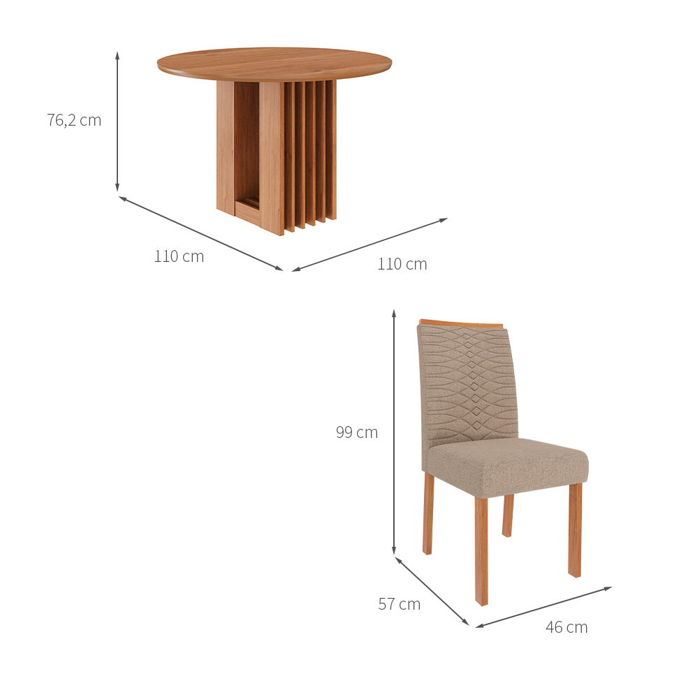 Conjunto de Mesa Redonda com Tampo de MDF Cinamomo Ariela e 4 Cadeiras Clarice Linho Bege e Madeira