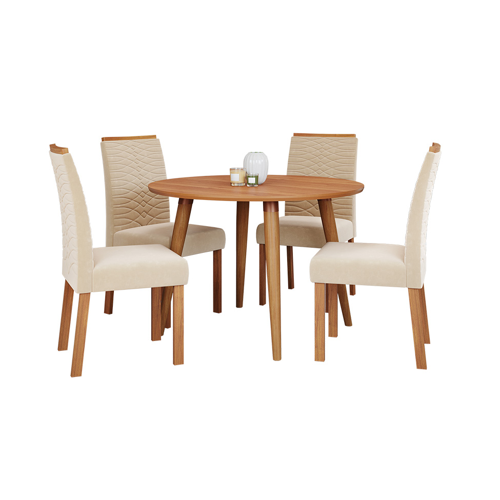 Conjunto de Mesa Redonda com Tampo de MDF Cinamomo Dani e 4 Cadeiras Clarice Suede Nude e Madeira