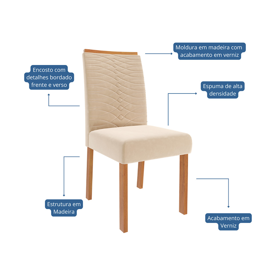 Conjunto de Mesa Redonda com Tampo de MDF Cinamomo Dani e 4 Cadeiras Clarice Suede Nude e Madeira