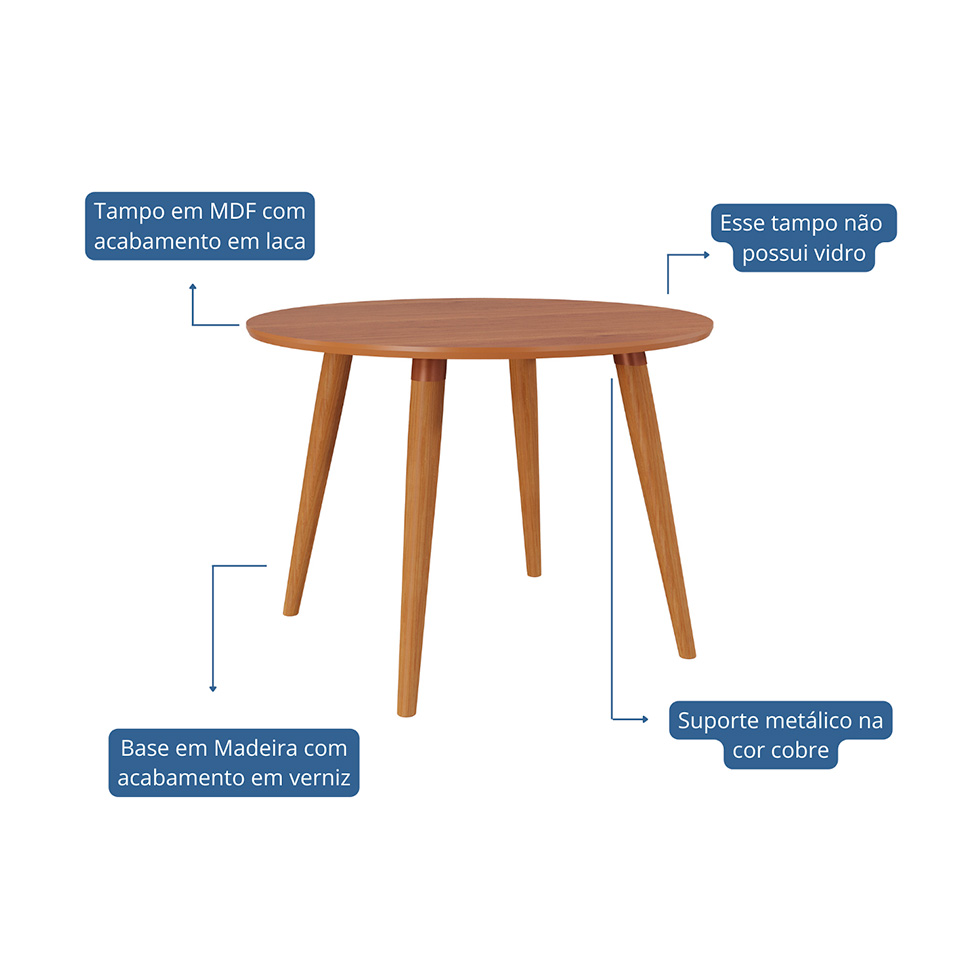 Conjunto de Mesa Redonda com Tampo de MDF Cinamomo Dani e 4 Cadeiras Clarice Suede Nude e Madeira