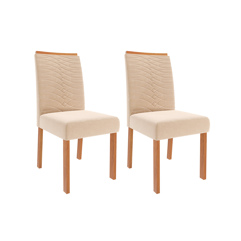 Conjunto de Mesa Redonda com Tampo de MDF Cinamomo Dani e 4 Cadeiras Clarice Suede Nude e Madeira