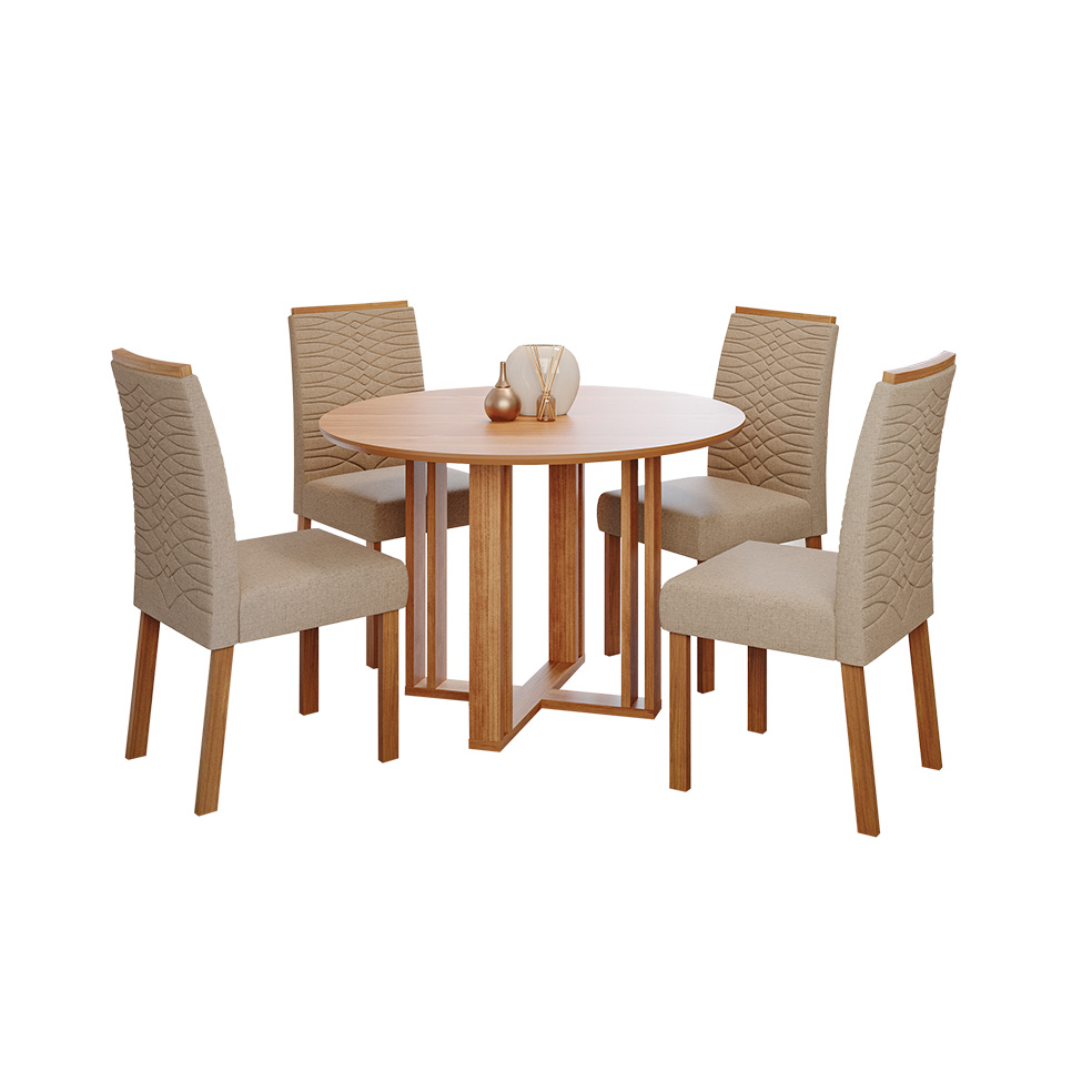 Conjunto de Mesa Redonda com Tampo de MDF Cinamomo Flora e 4 Cadeiras Clarice Linho Bege e Madeira