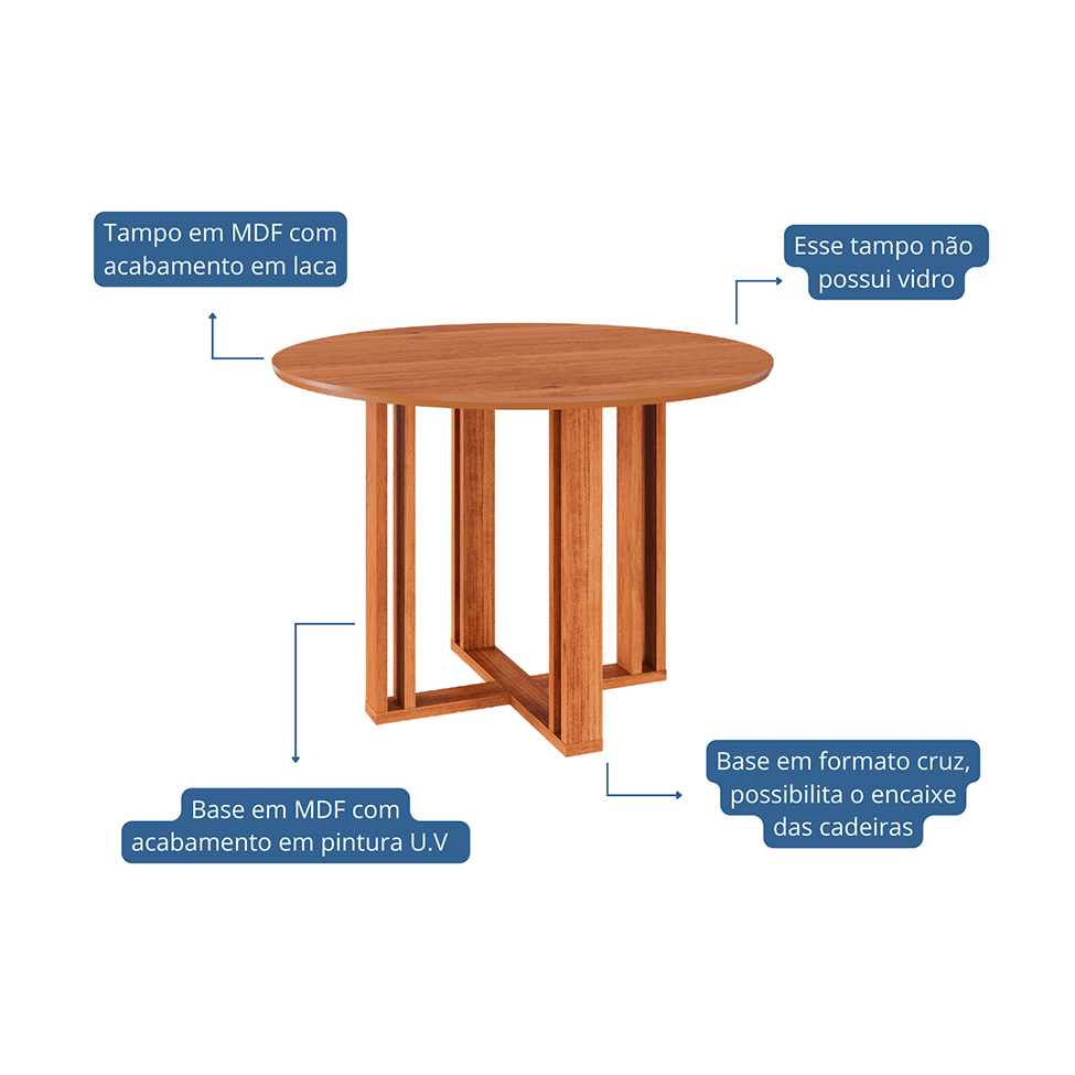 Conjunto de Mesa Redonda com Tampo de MDF Cinamomo Flora e 4 Cadeiras Clarice Linho Bege e Madeira