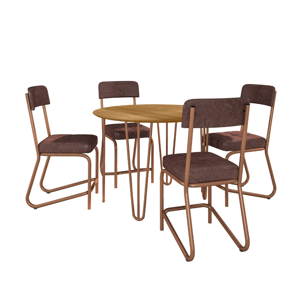 Conjunto de Mesa Redonda com Tampo de MDP Marrom Versalhes e 4 Cadeiras Nagóia Revestimento Sintético Marrom Escuro e Cobre