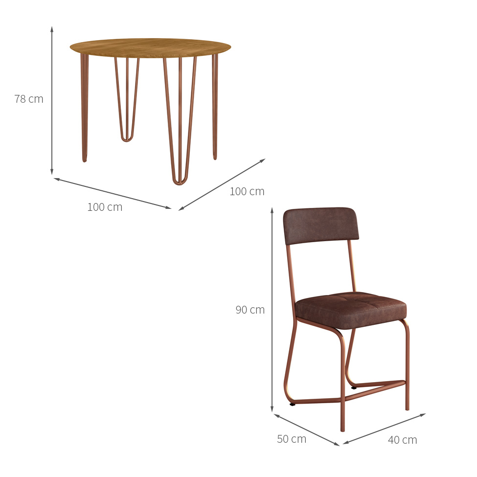 Conjunto de Mesa Redonda com Tampo de MDP Marrom Versalhes e 4 Cadeiras Nagóia Revestimento Sintético Marrom Escuro e Cobre