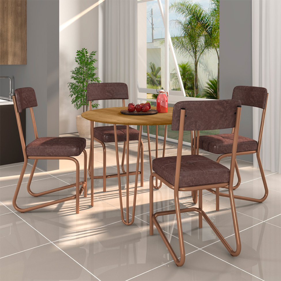 Conjunto de Mesa Redonda com Tampo de MDP Marrom Versalhes e 4 Cadeiras Nagóia Revestimento Sintético Marrom Escuro e Cobre
