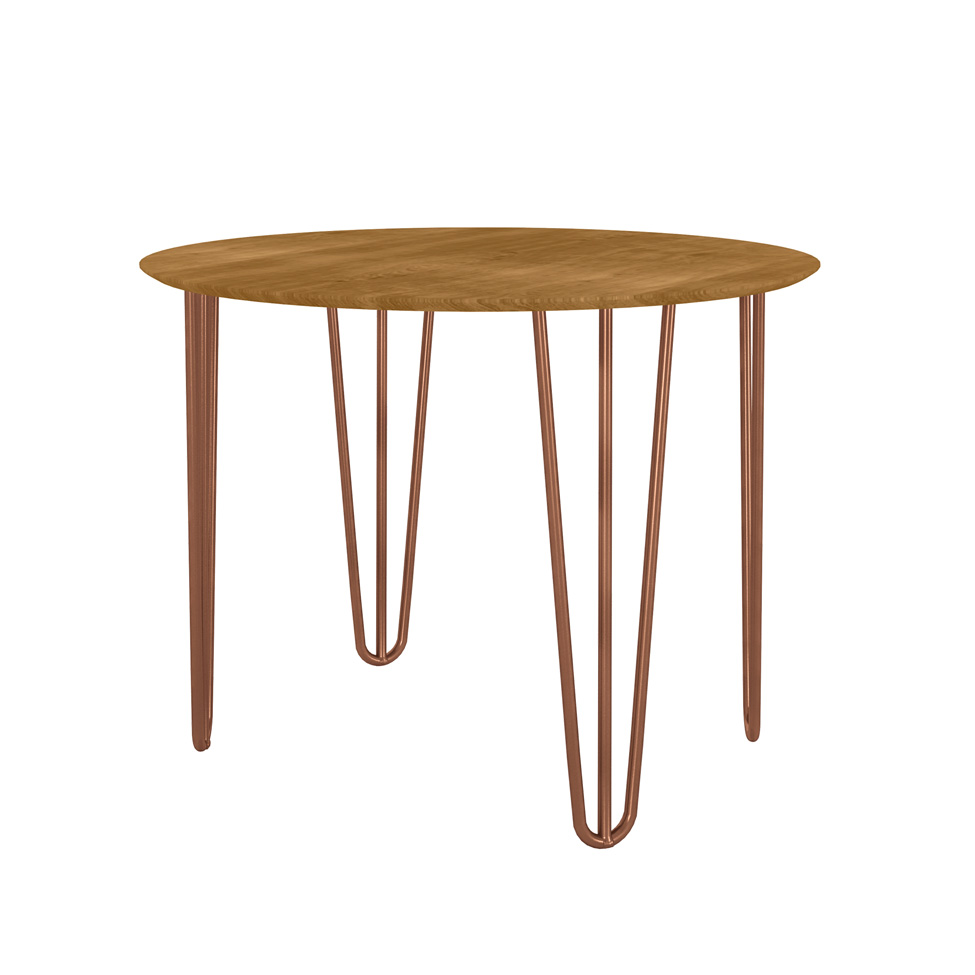 Conjunto de Mesa Redonda com Tampo de MDP Marrom Versalhes e 4 Cadeiras Nagóia Revestimento Sintético Marrom Escuro e Cobre