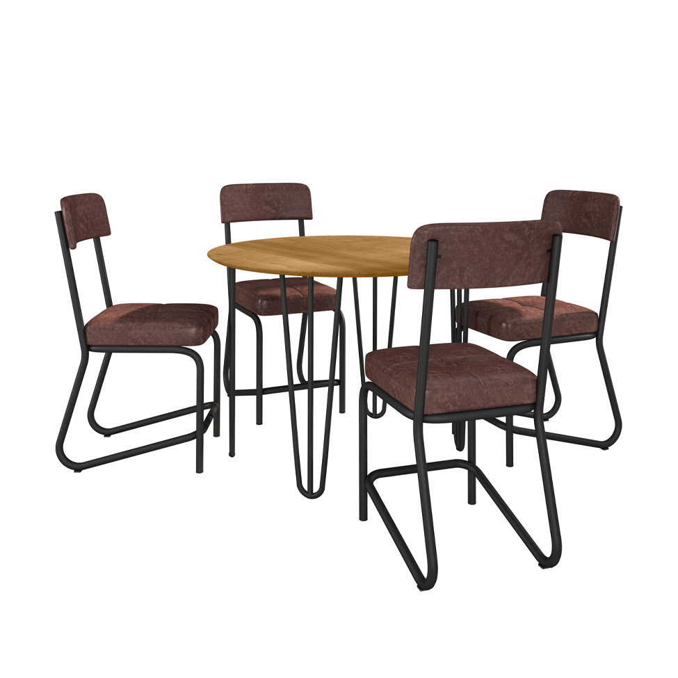 Conjunto de Mesa Redonda com Tampo de MDP Marrom Versalhes e 4 Cadeiras Nagóia Revestimento Sintético Marrom Escuro e Preto