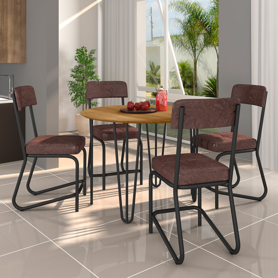 Conjunto de Mesa Redonda com Tampo de MDP Marrom Versalhes e 4 Cadeiras Nagóia Revestimento Sintético Marrom Escuro e Preto