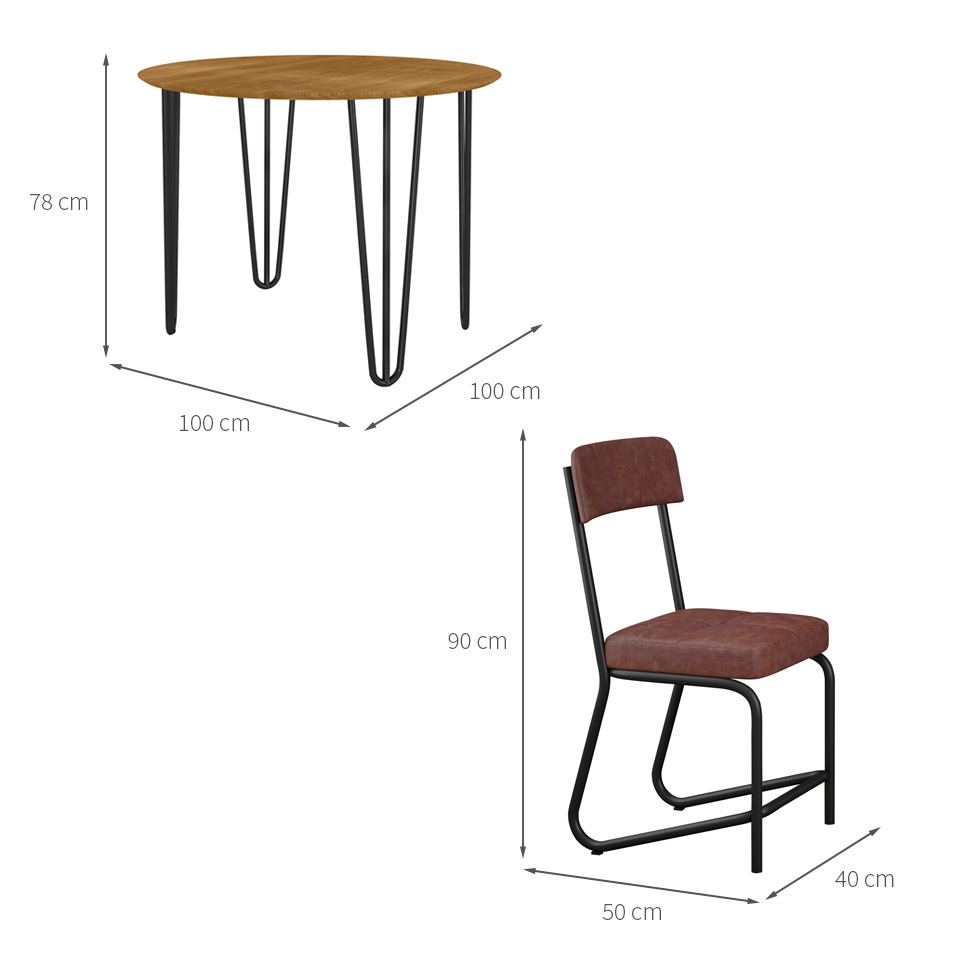 Conjunto de Mesa Redonda com Tampo de MDP Marrom Versalhes e 4 Cadeiras Nagóia Revestimento Sintético Marrom Escuro e Preto